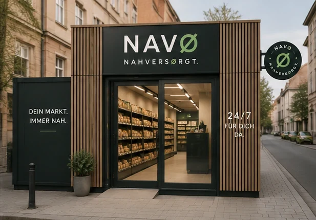 Moderner kompakter NAVØ Nachbarschaftsmarkt mit Holzfassade und grüner Beschriftung