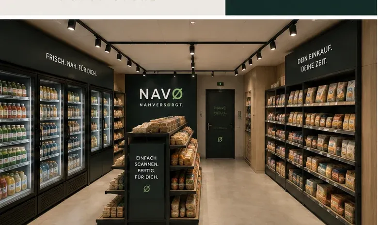 Heller NAVØ Micro-Supermarkt mit Holzregalen und grüner Orientierung